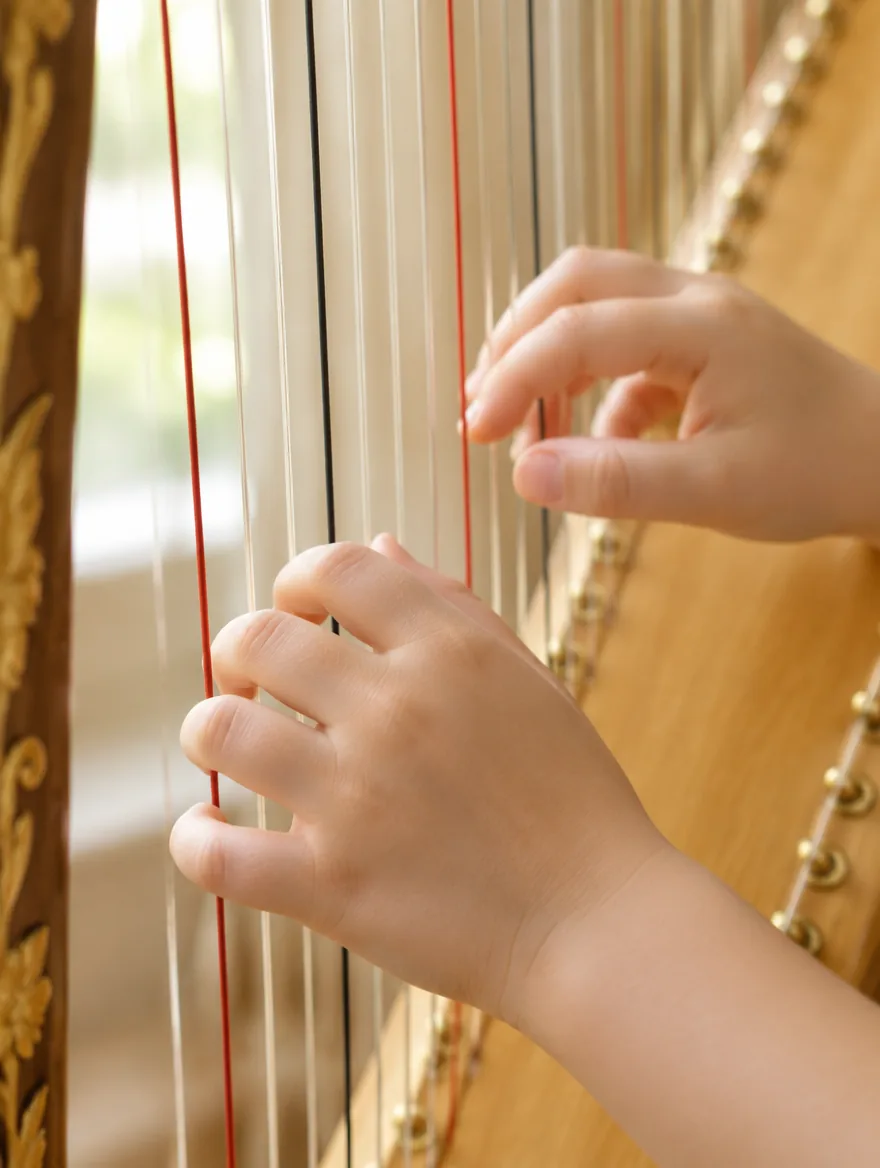 A child's hands resting on the strings of a harp