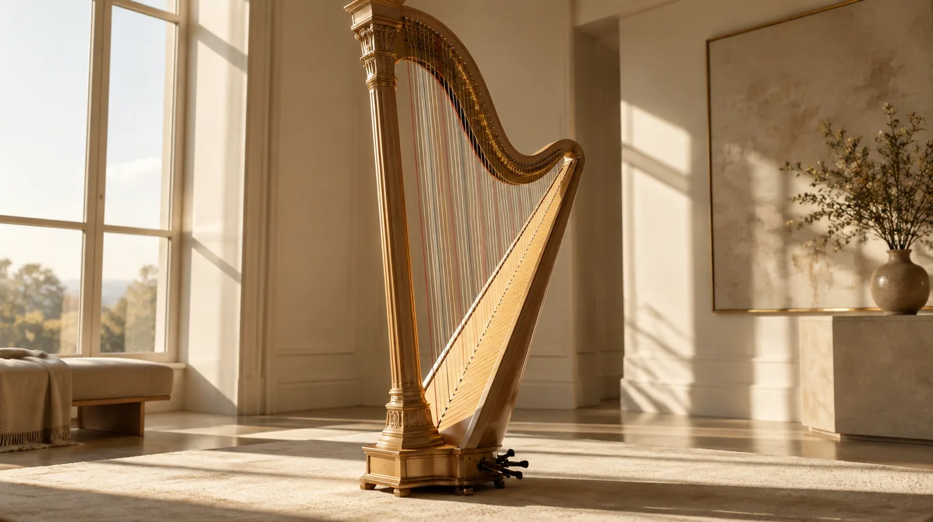 A concert pedal harp standing in a bright, sunlit music room