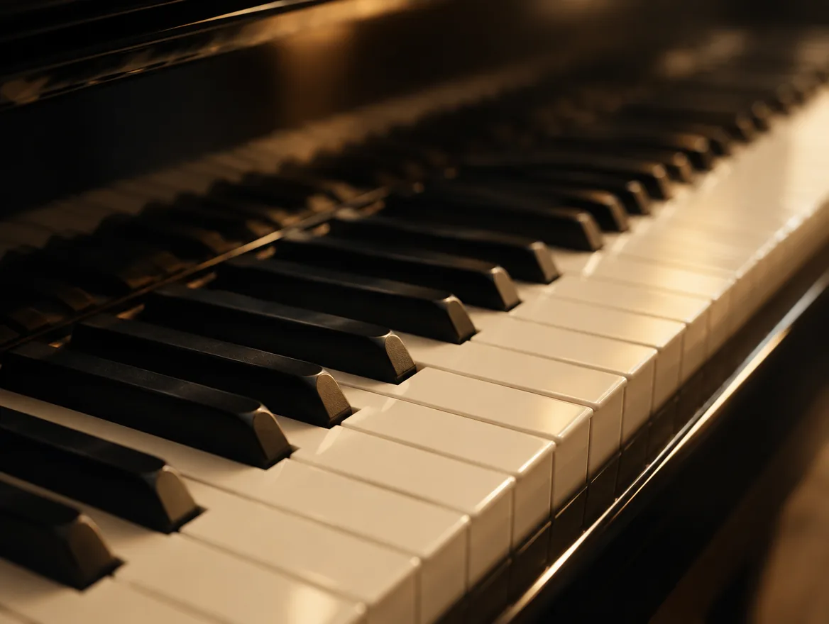 Close detail of grand piano keys in warm light